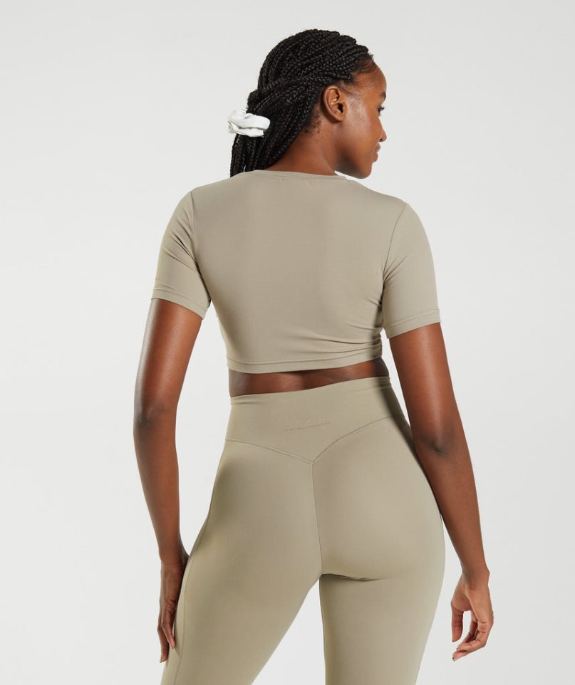 Women's Gymshark Whitney Short Sleeve Cropped Tops Khaki | CA 6D8A57